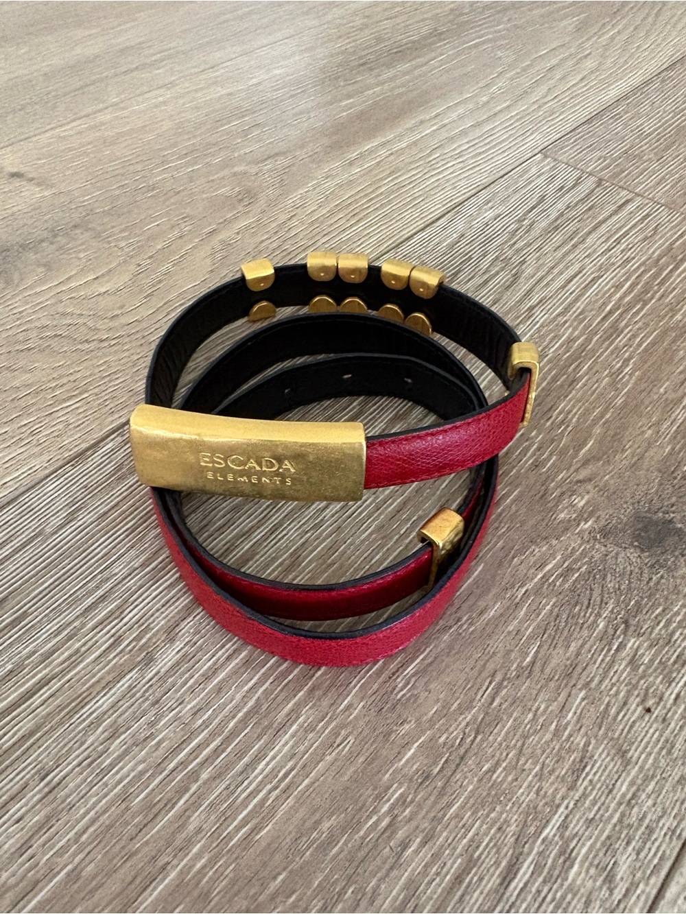 Escada Red Leather Belt with Gold-Tone Branded Plate